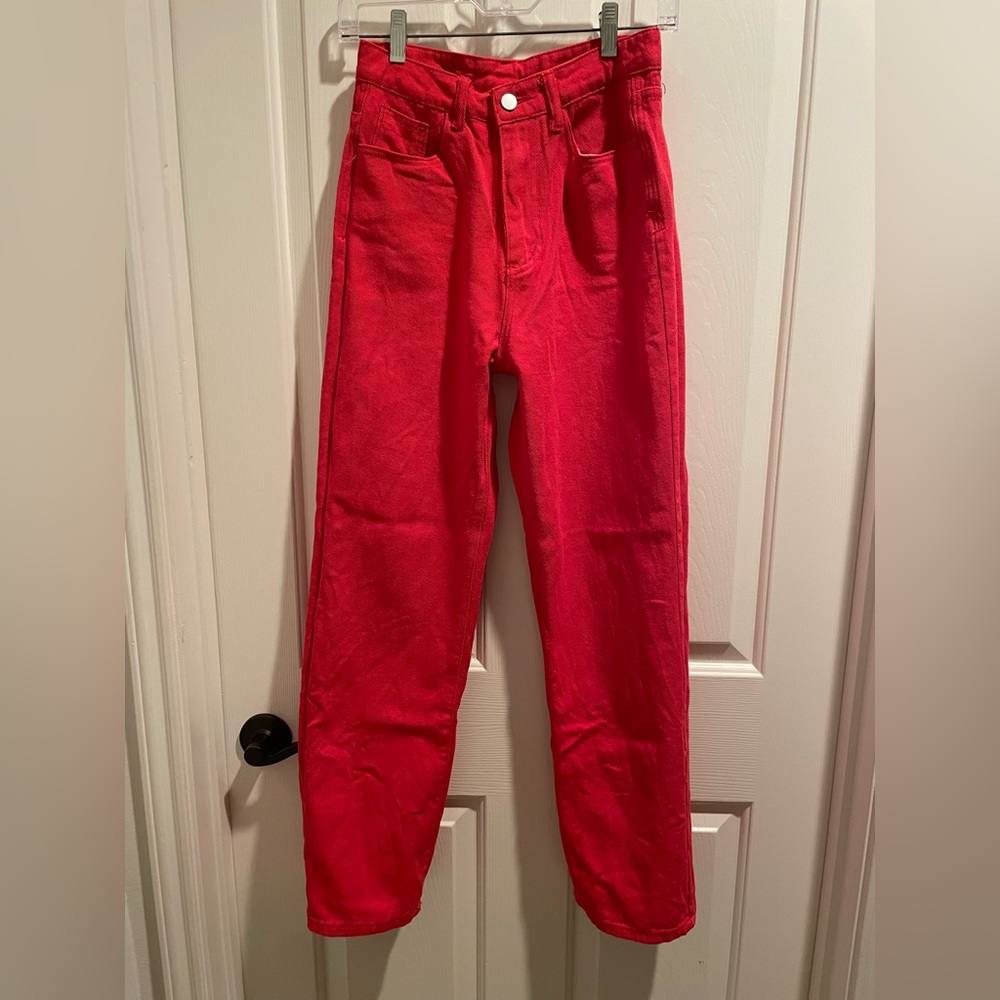 red straight leg jeans